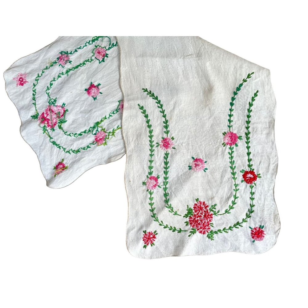Vintage Table Runner Hand Embroidered with pink Flowers & green Leaves 38 "